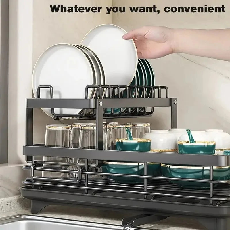 Dish Drying Rack Adjustable Kitchen Plates Organizer with Drainboard