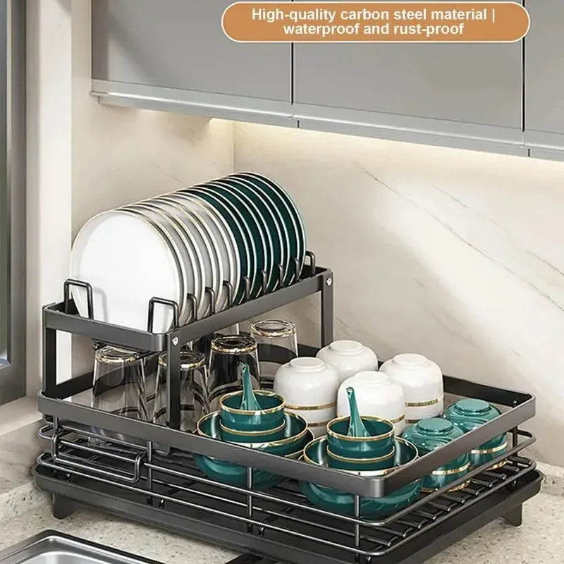 Dish Drying Rack Adjustable Kitchen Plates Organizer with Drainboard