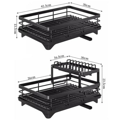 Dish Drying Rack Adjustable Kitchen Plates Organizer with Drainboard