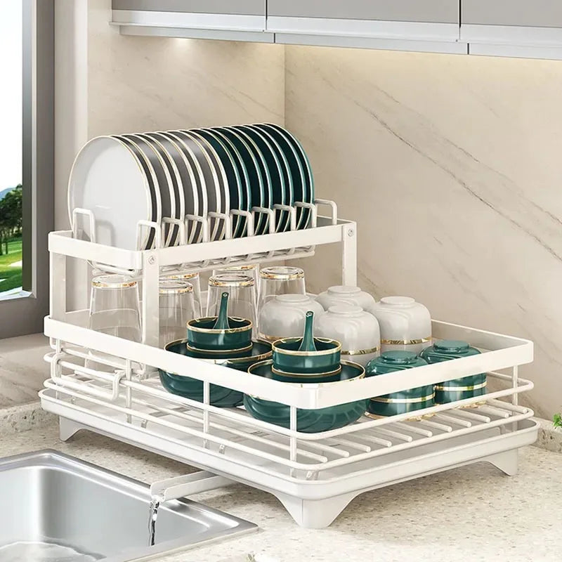 Dish Drying Rack Adjustable Kitchen Plates Organizer with Drainboard