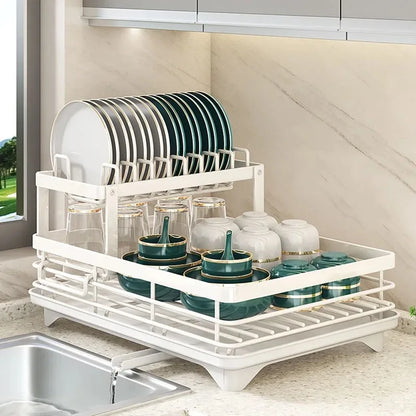 Dish Drying Rack Adjustable Kitchen Plates Organizer with Drainboard