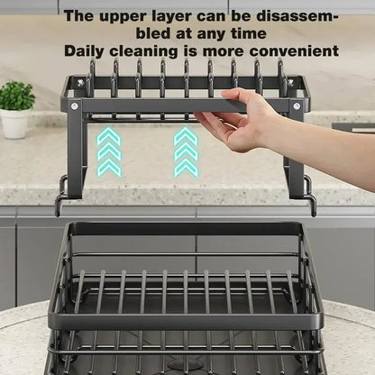 Dish Drying Rack Adjustable Kitchen Plates Organizer with Drainboard